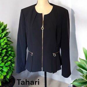 Tahari ASL-Size 14 chic black peplum blazer/gold zippers. Like new preowned!!!